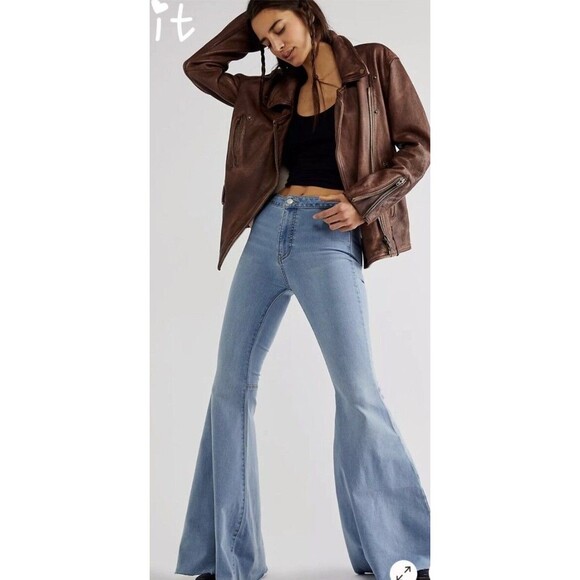 Free People Just Float On Flare Jeans Frayed Hem Stretch Bellbottom Sky Blue 27 - Picture 5 of 7